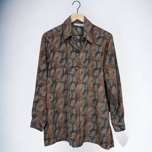 Liz Baker Vintage 90s Orange & Black Patterned Long Sleeve Button Up Shirt M